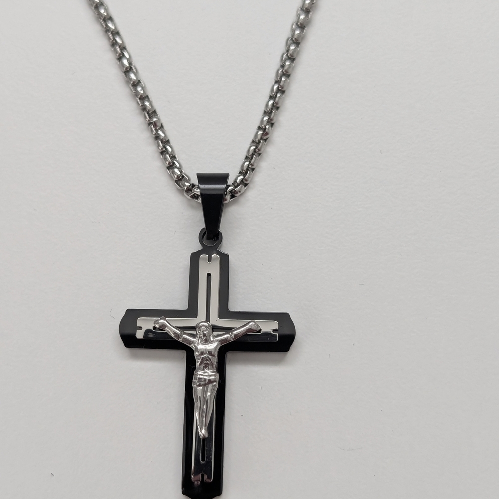 Silver and Black Cross Pendant Necklace